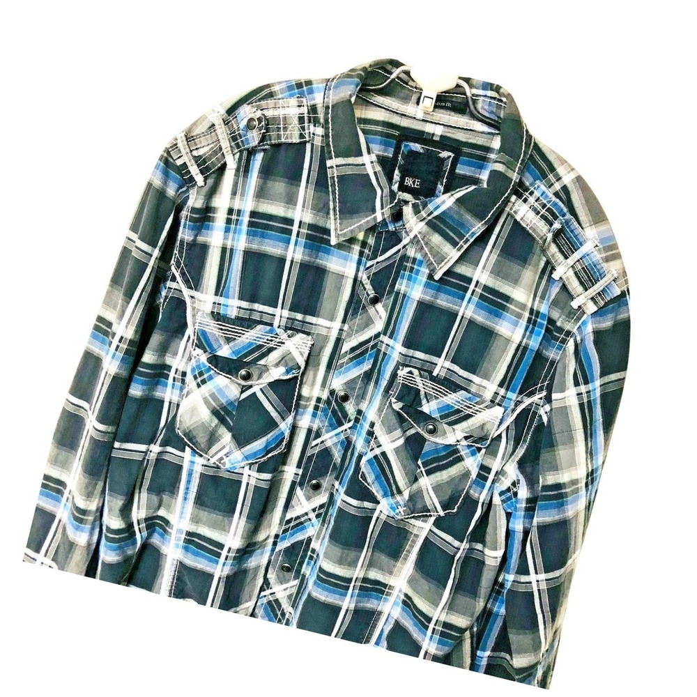 BKE Buckle Mens Plaid Western Shirt Black Pearl Snaps‎ Slim Fit Thick Stitch L